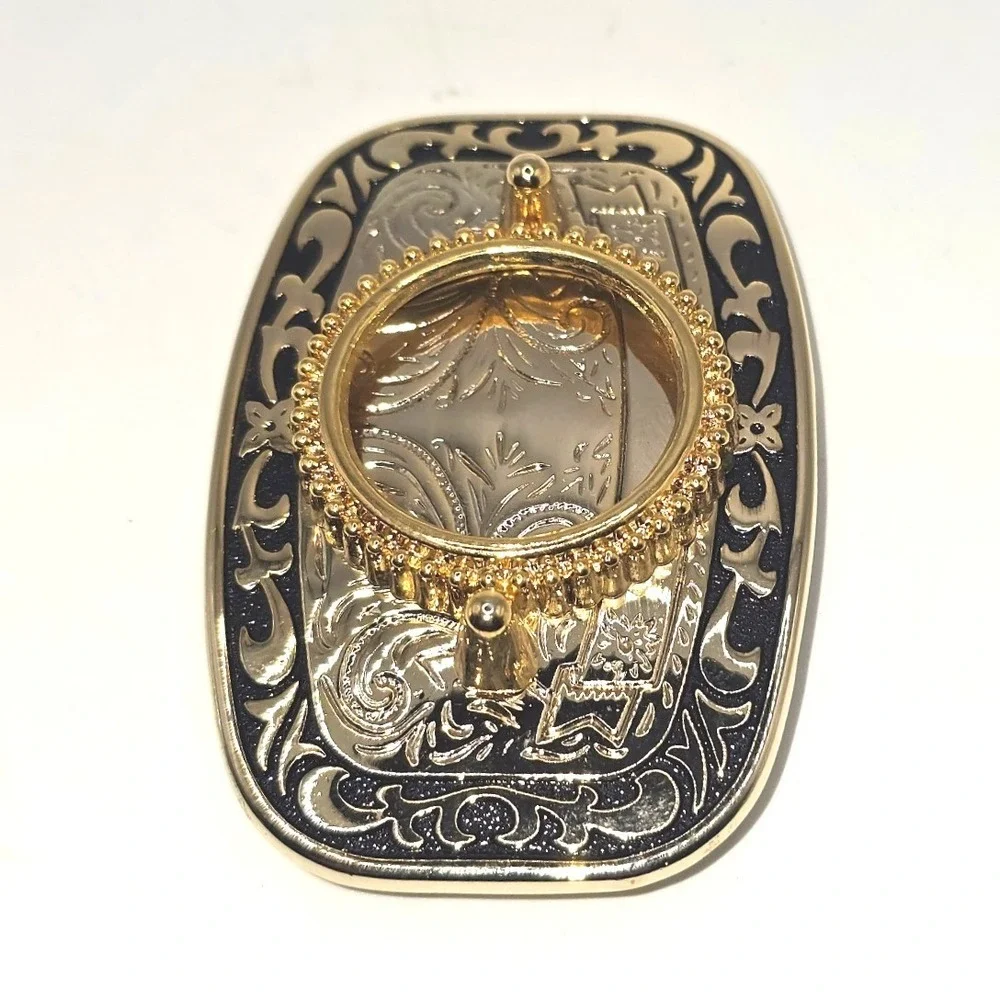 Vintage Western Blank Floral Scroll Belt Buckle Gold Silver Tone Black Enamel